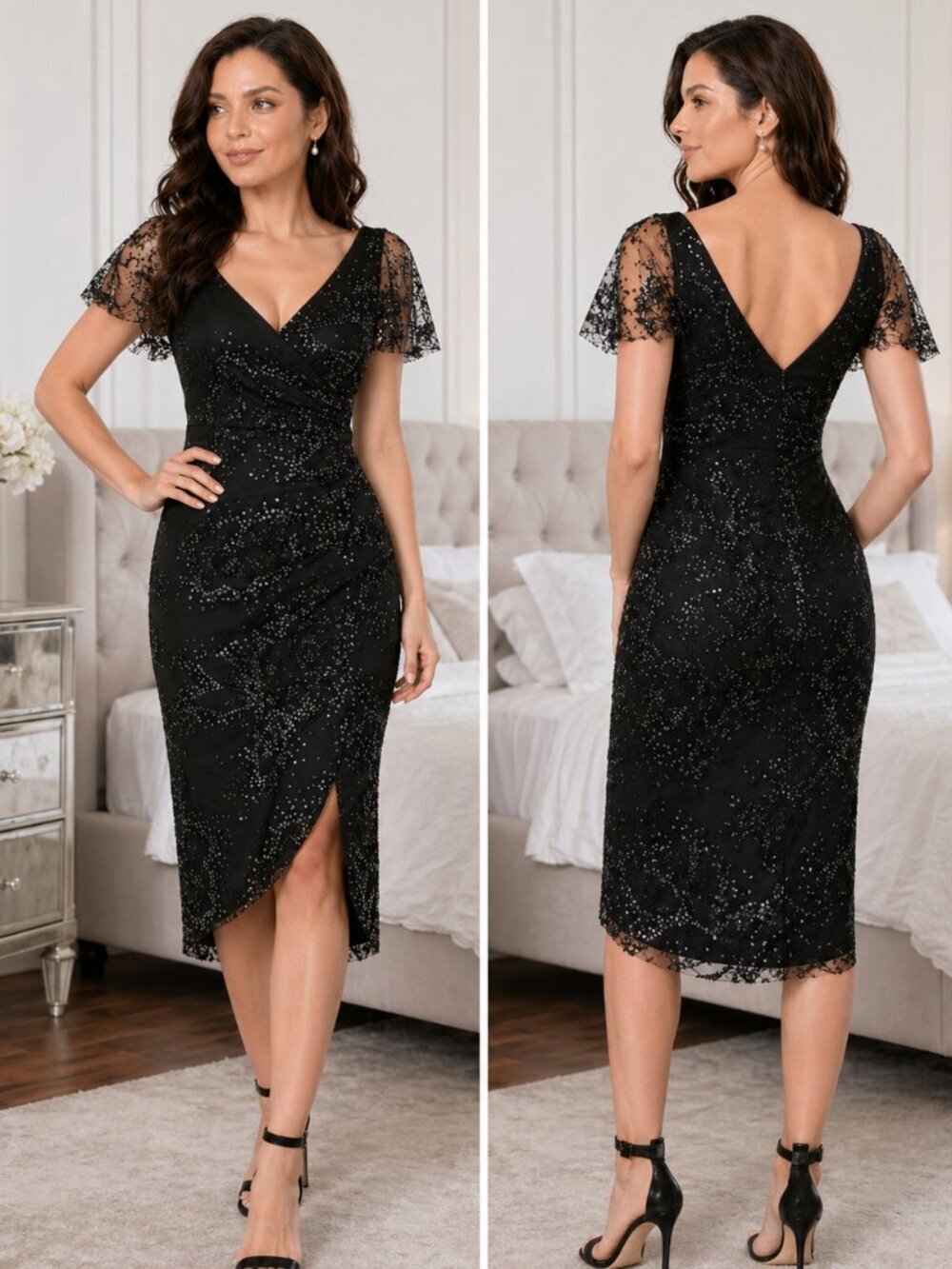 NWT Marchesa Notte Black Lace V-Neck Flocked Midi Dress $495